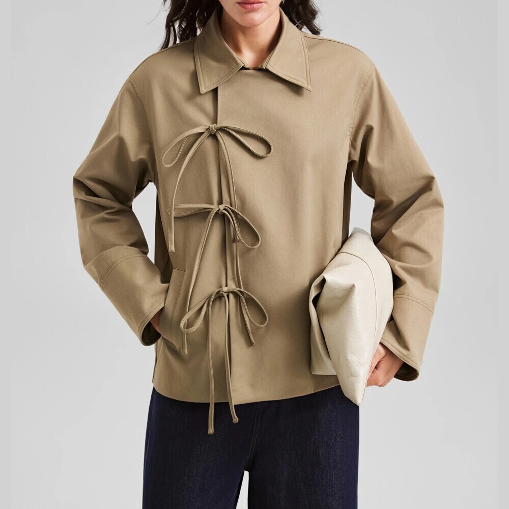 Tan Woven Bow Tie Front Collared Long Sleeve Short Trench Coat Jacket
